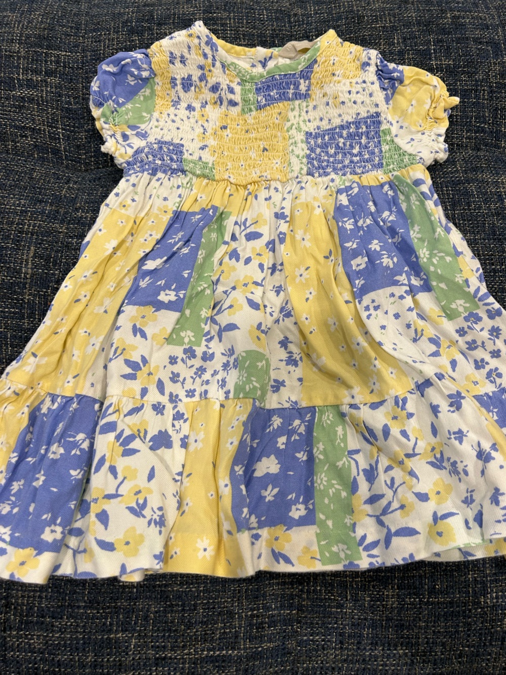John Lewis floral patchwork tiered dress blue yellow white